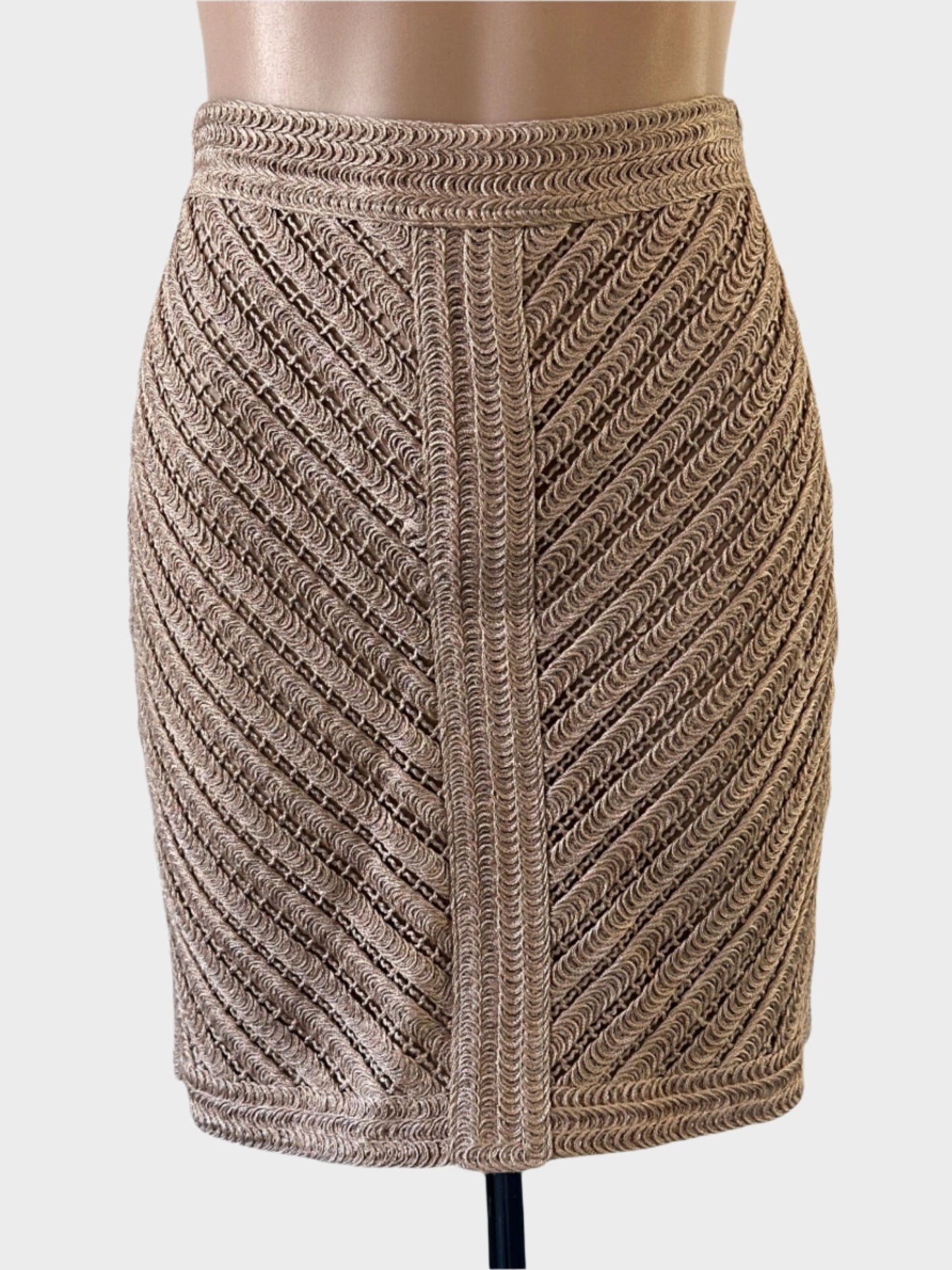 KOOKAI retro 70's style straight skirt in fawn sheer macramé with chevron pattern, featuring contrasting centre panel and waistband for special events.