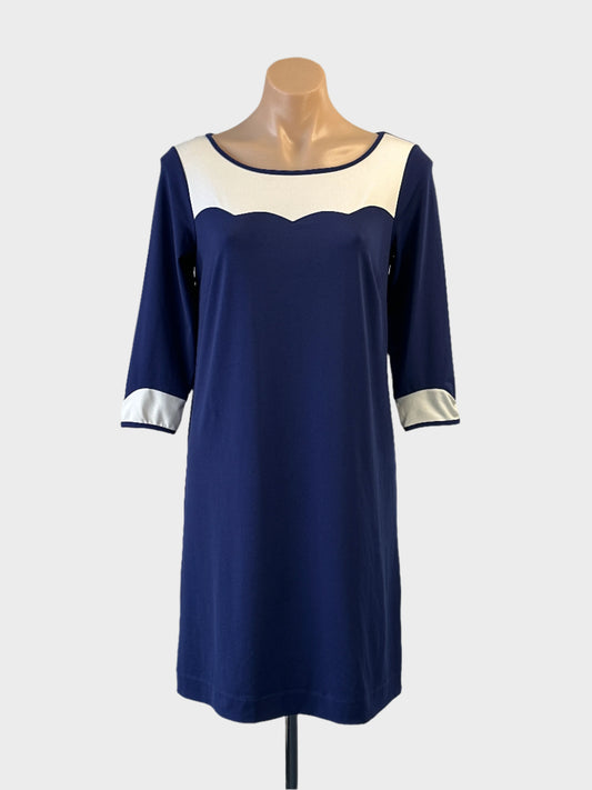 Designer Leona Edmiston navy shift dress with ivory yoke and scalloped edging for office wear.