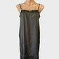 Designer Arthur Galan grey shift dress in satin finish with beaded trim, keyhole neck, spaghetti straps for evening or formal wear.