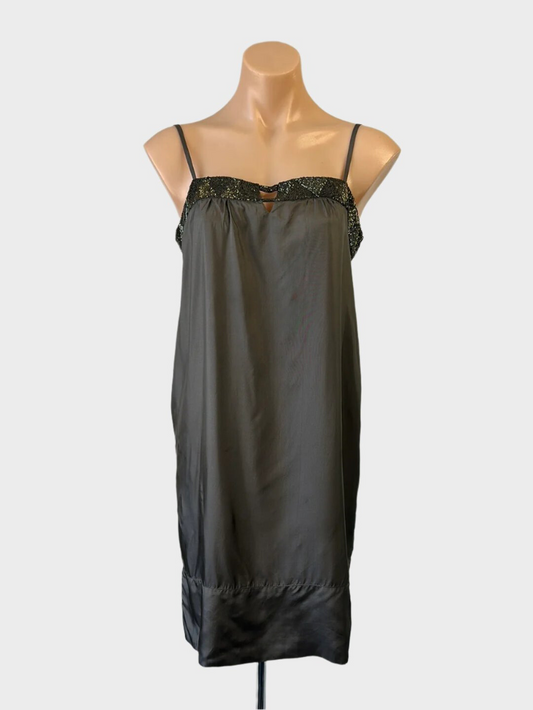 Designer Arthur Galan grey shift dress in satin finish with beaded trim, keyhole neck, spaghetti straps for evening or formal wear.