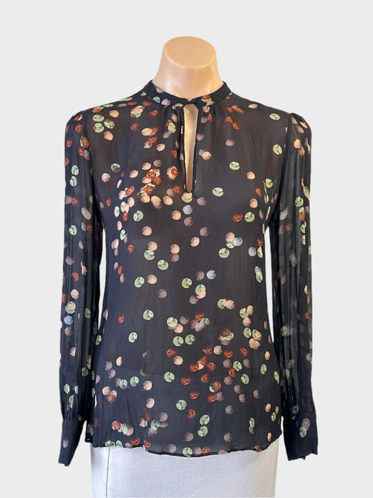Massimo Dutti top in black with a dot print, keyhole neck and button cuffs for evening or office wear.