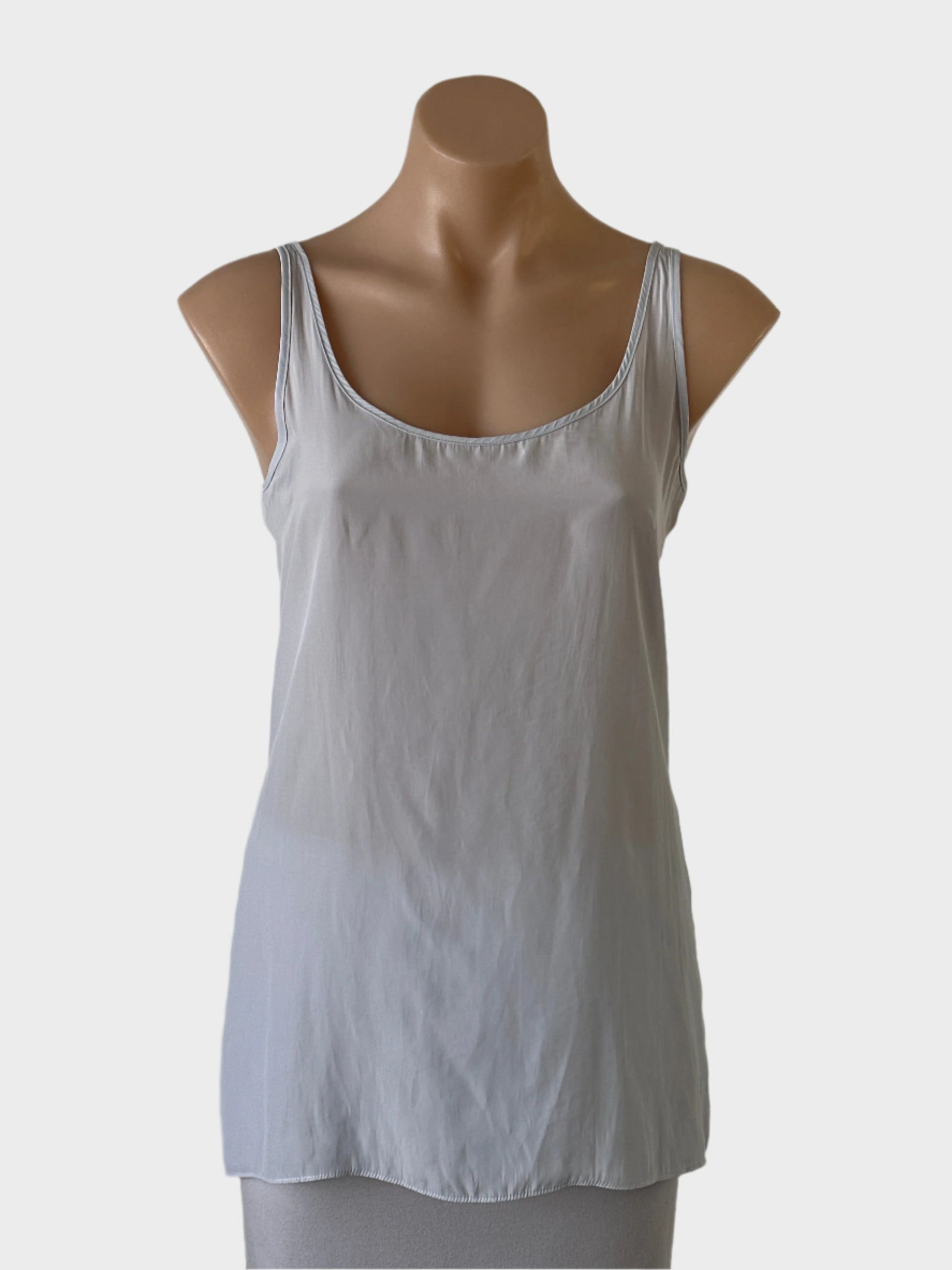 Designer Mela Purdie classic grey tank top with a u-shaped neck and back for smart casual or resort wear.