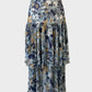 Ministry of Style layered skirt in sheer crepe with retro floral print in blue and white, featuring a yoke waist for smart casual.