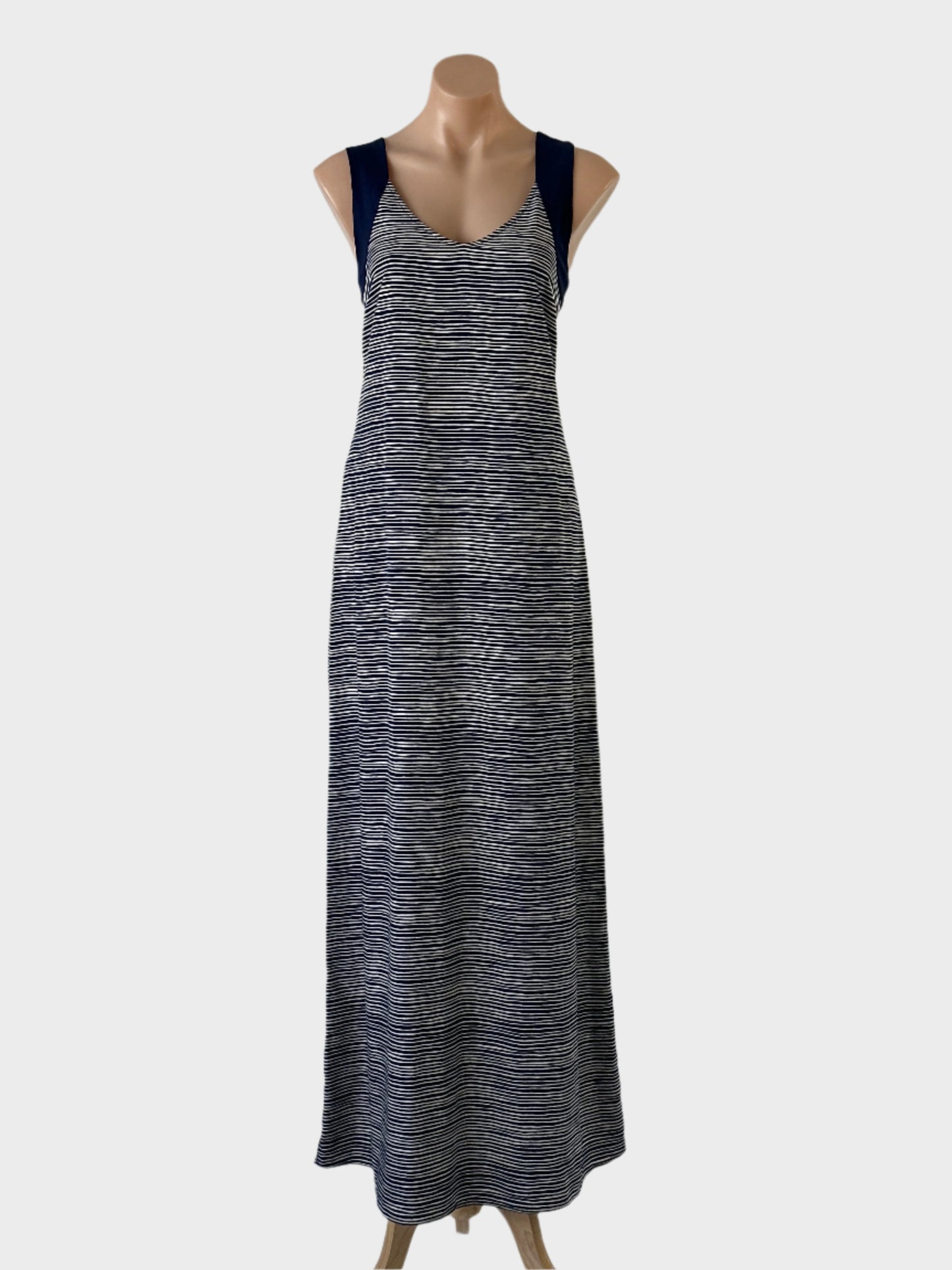 Piper maxi dress in blue and white with an irregular striped print, contrasting wide shoulder straps, and a flared skirt for smart casual wear.