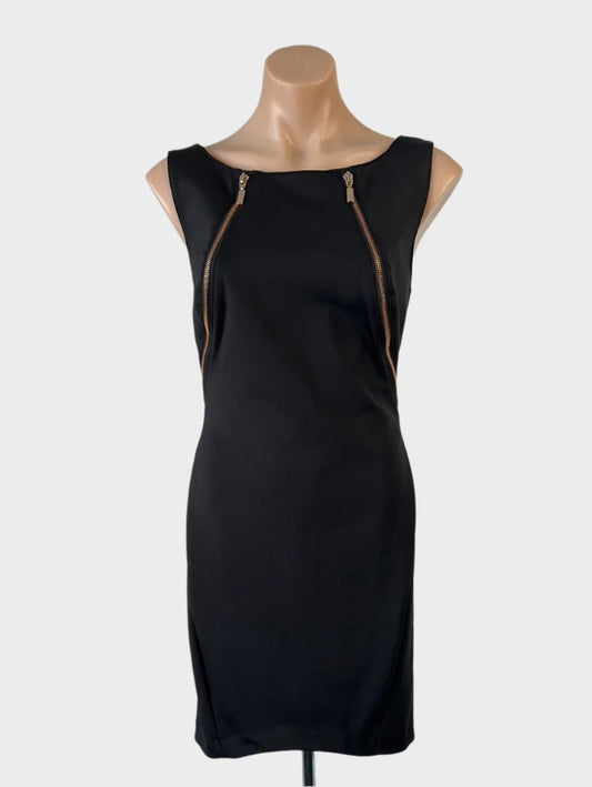 Portmans sleeveless bodycon dress in black jersey, featuring a bateau neck, front zips, and pencil skirt for evening.