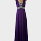 Empire waist gown in purple sheer mesh with diamante embellishments and wide gathered shoulder straps for formal occasions.