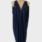 Designer Sacha Drake classic cocoon dress in navy blue jersey with draped sides, v-neck, and cascading flounce for office or evening wear.