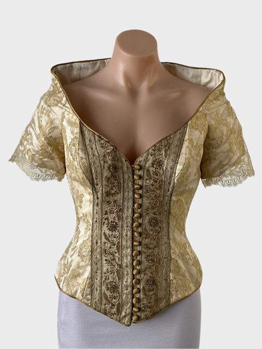 Designer Sarah Morrell vintage 80's gold lace top with embroidered front panel, Elizabethan collar, and scalloped short sleeves for formal or bridal wear.