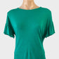 Seed top in green slub linen knit with bateau neck, ruffle sleeves, and drop shoulders for smart casual wear.