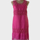 Sussan sleeveless shift dress in pink pure linen with contrasting guipure lace yoke, midriff, and hem for smart casual or office wear.