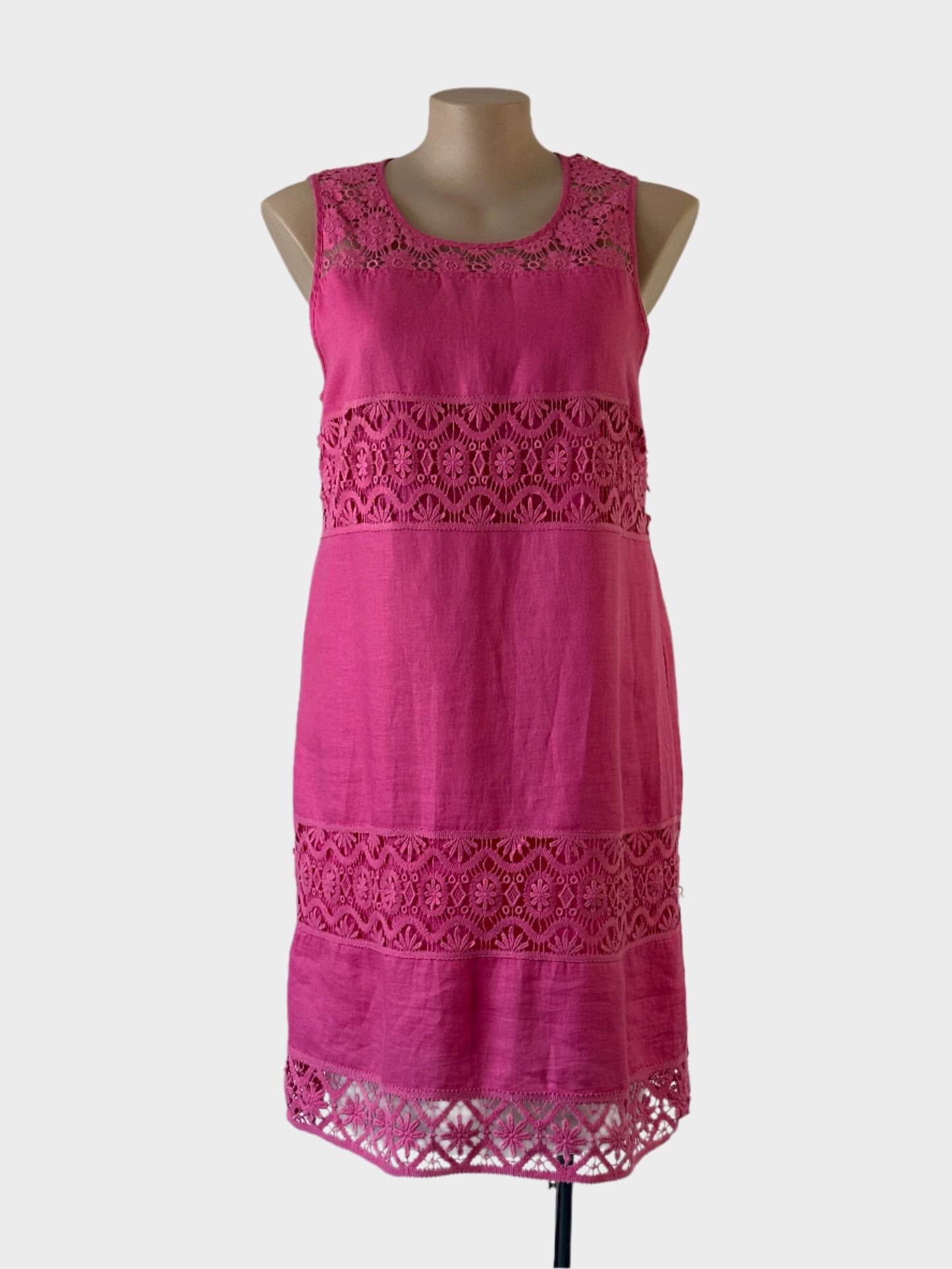 Sussan sleeveless shift dress in pink pure linen with contrasting guipure lace yoke, midriff, and hem for smart casual or office wear.