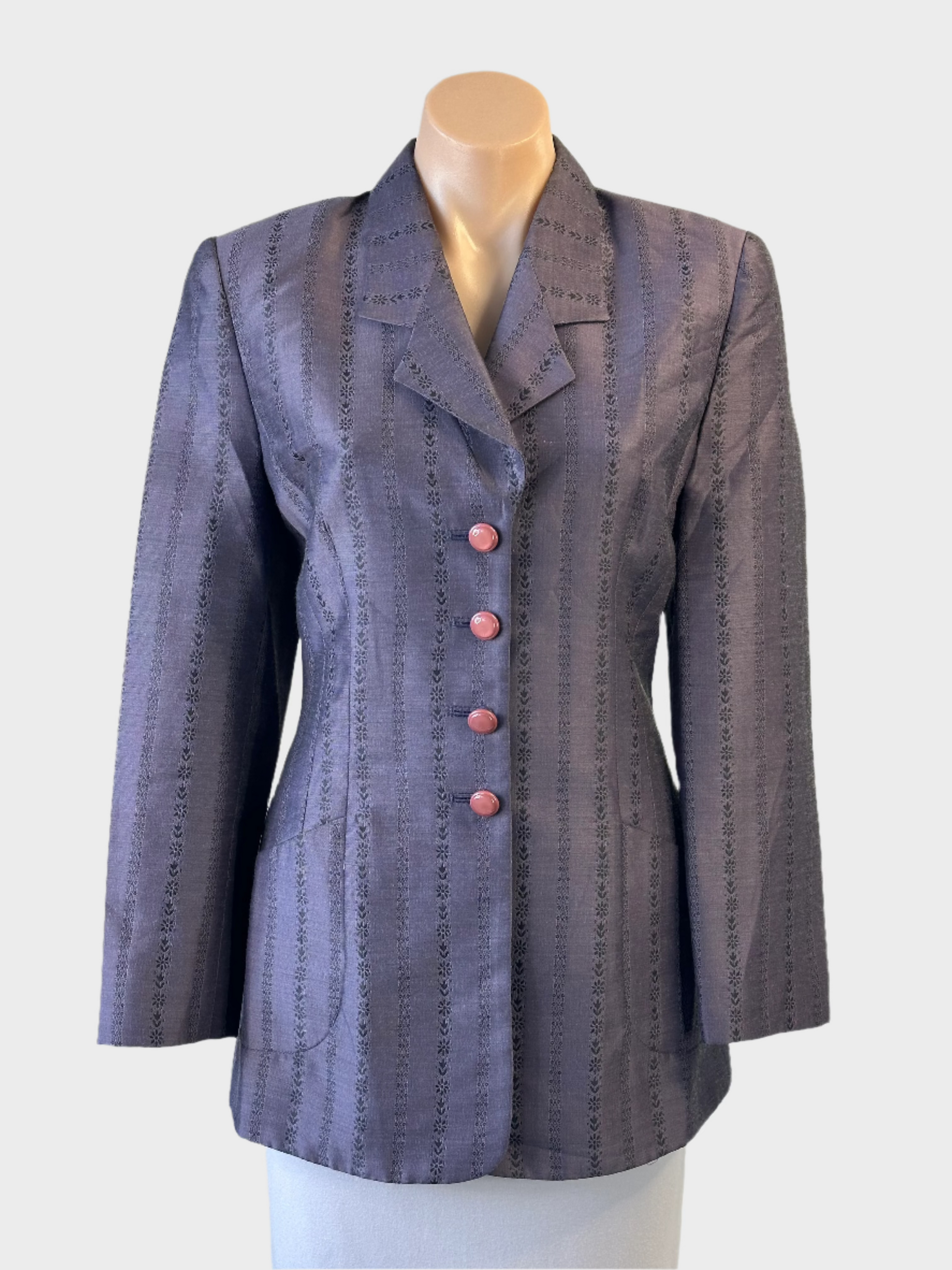 THOMAIY jacket in lavender with charcoal floral stripe, featuring long sleeves and notched lapel for smart casual or office wear.