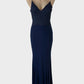 Tania Olsen sleeveless gown in midnight blue jersey with lace bodice, v-neck, and godet skirt with sweep train for formal occasions.