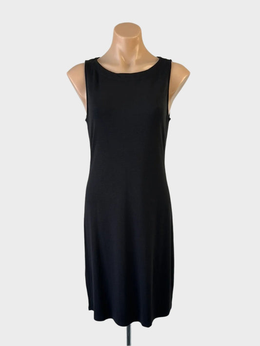 Designer Tommy Bahama sleeveless shift dress in black jersey with bateau neck and exposed back zip for office wear.