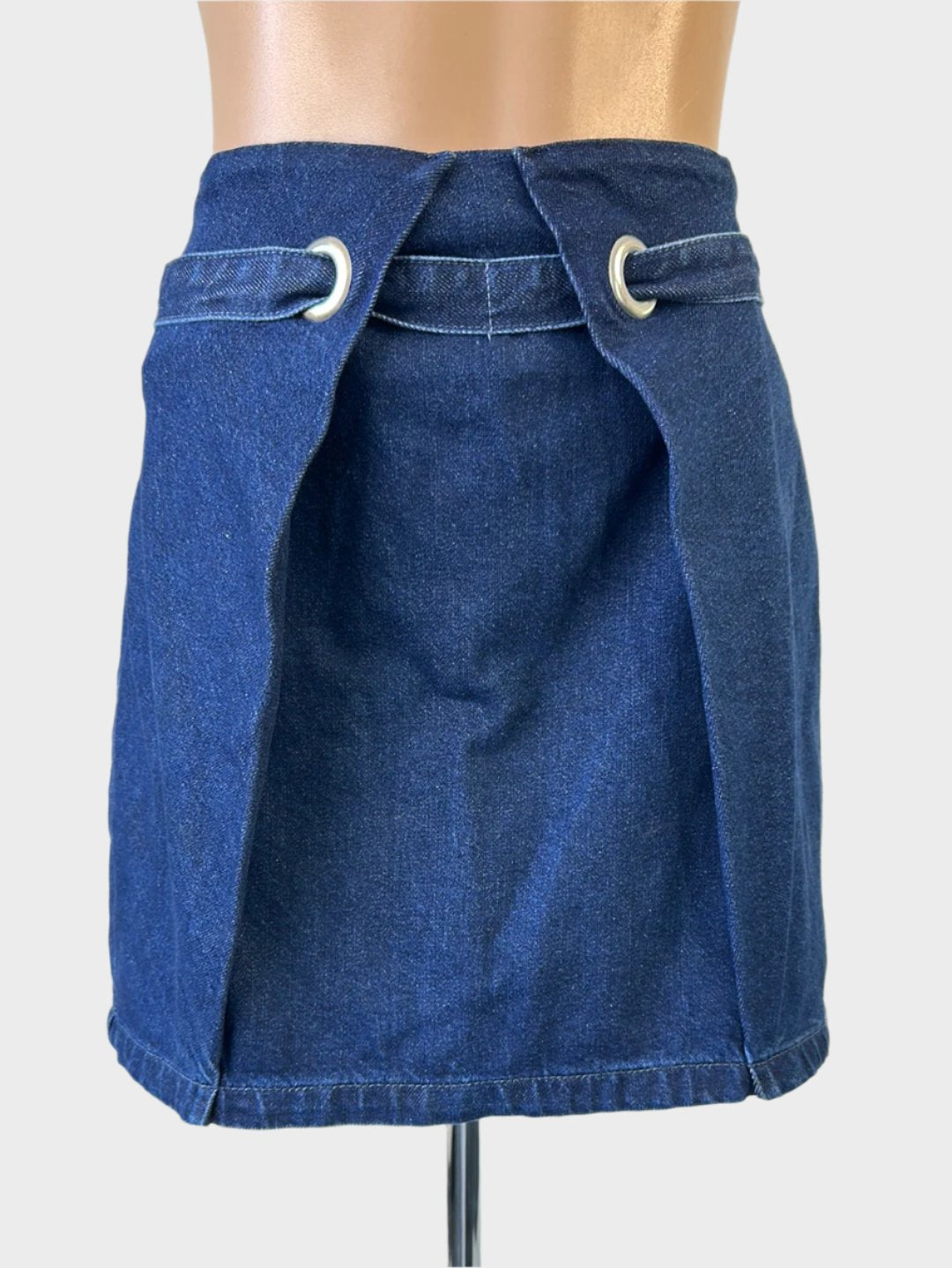 Topshop retro 60s flared mini skirt in blue denim with inverted pleat and tieback waist sash for smart casual wear.