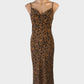 Tussah bias-cut slip dress in leopard print textured weave with cowl neck and spaghetti straps for evening wear.