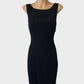 Designer Versace Jeans sleeveless shift dress in black crepe with bateau neck for evening wear.