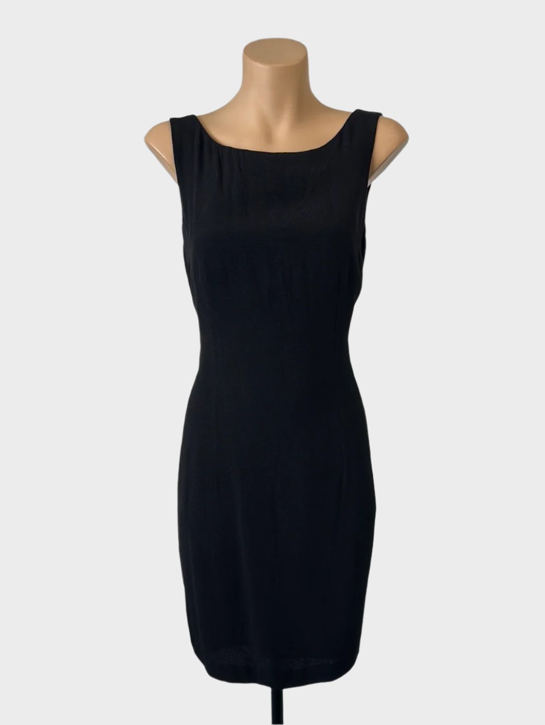 Designer Versace Jeans sleeveless shift dress in black crepe with bateau neck for evening wear.