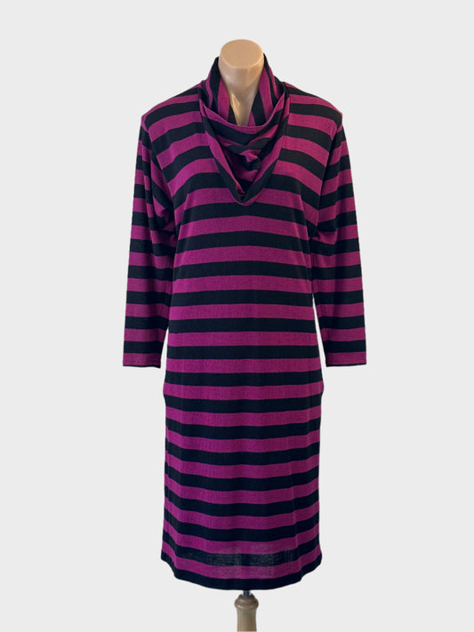 Designer Carla Zampatti sweater dress in pink and black stripes with cowl neck for smart casual or special events wear.