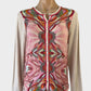 W.Lane cardigan in pink knit with paisley print panel, round neck, button-up closure, and rib trim for smart casual wear.