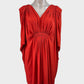 Designer Willow red cocoon dress in pure silk with draped front, dolman sleeves, v-neck, and gathered waist for evening wear.