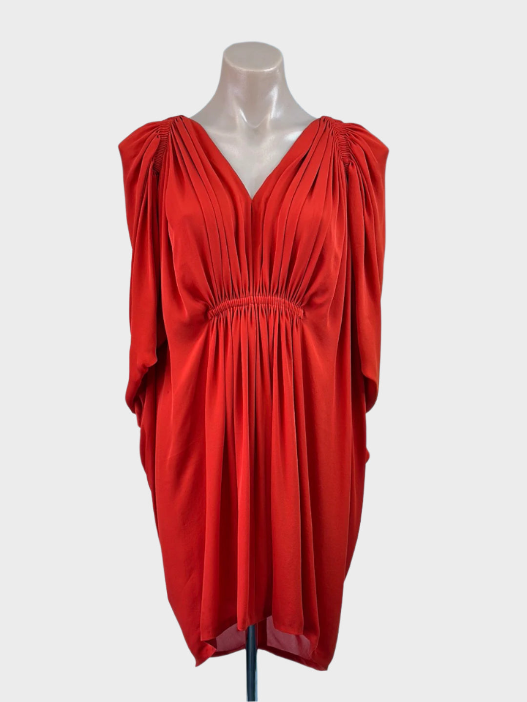 Designer Willow red cocoon dress in pure silk with draped front, dolman sleeves, v-neck, and gathered waist for evening wear.