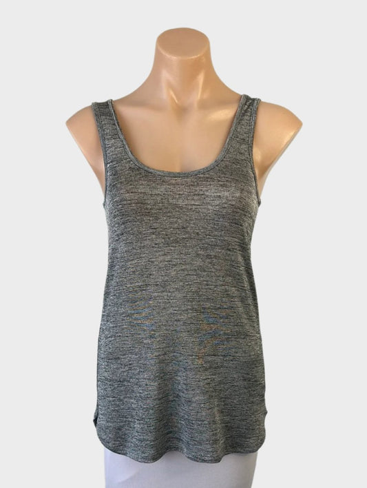 Witchery sleeveless tank top in grey variegated knit with scoop neck, rib trim, and curved hem for smart casual wear.