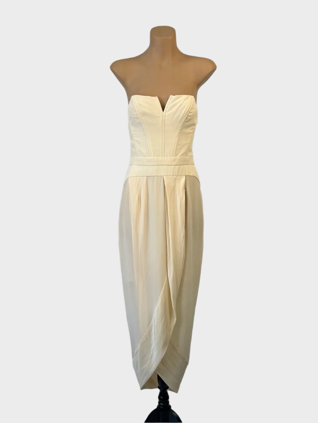 Zimmermann strapless gown in white silk crepe with corset top, notched neck, lace-up back, and tulip skirt for formal wear.