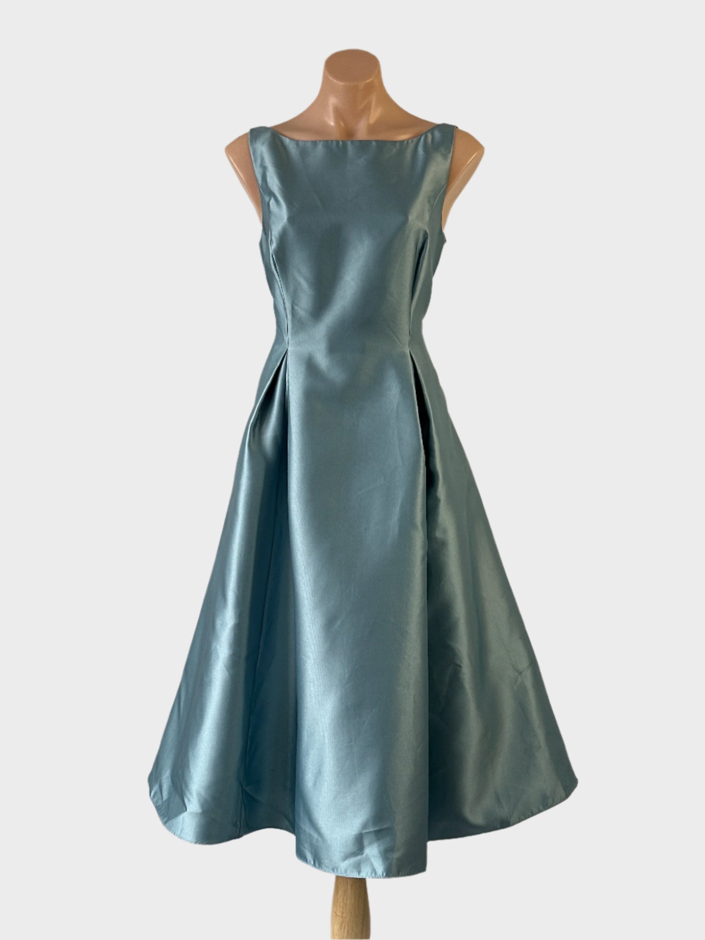 Designer Adrianna Papell A-line dress in blue twill weave with a lustrous finish, Sabrina neck and full pleated skirt for special events or evening wear.