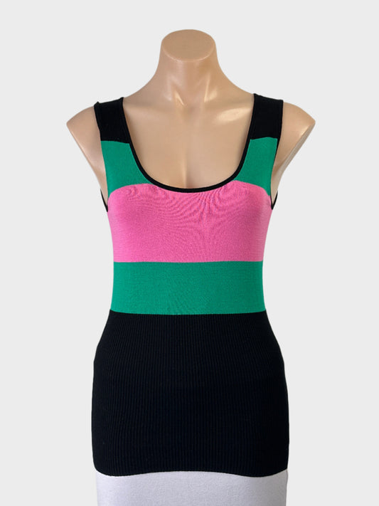 Designer Alannah Hill sleeveless knit top in black, emerald green and rose pink with scoop neck and rib hip band for smart casual wear.