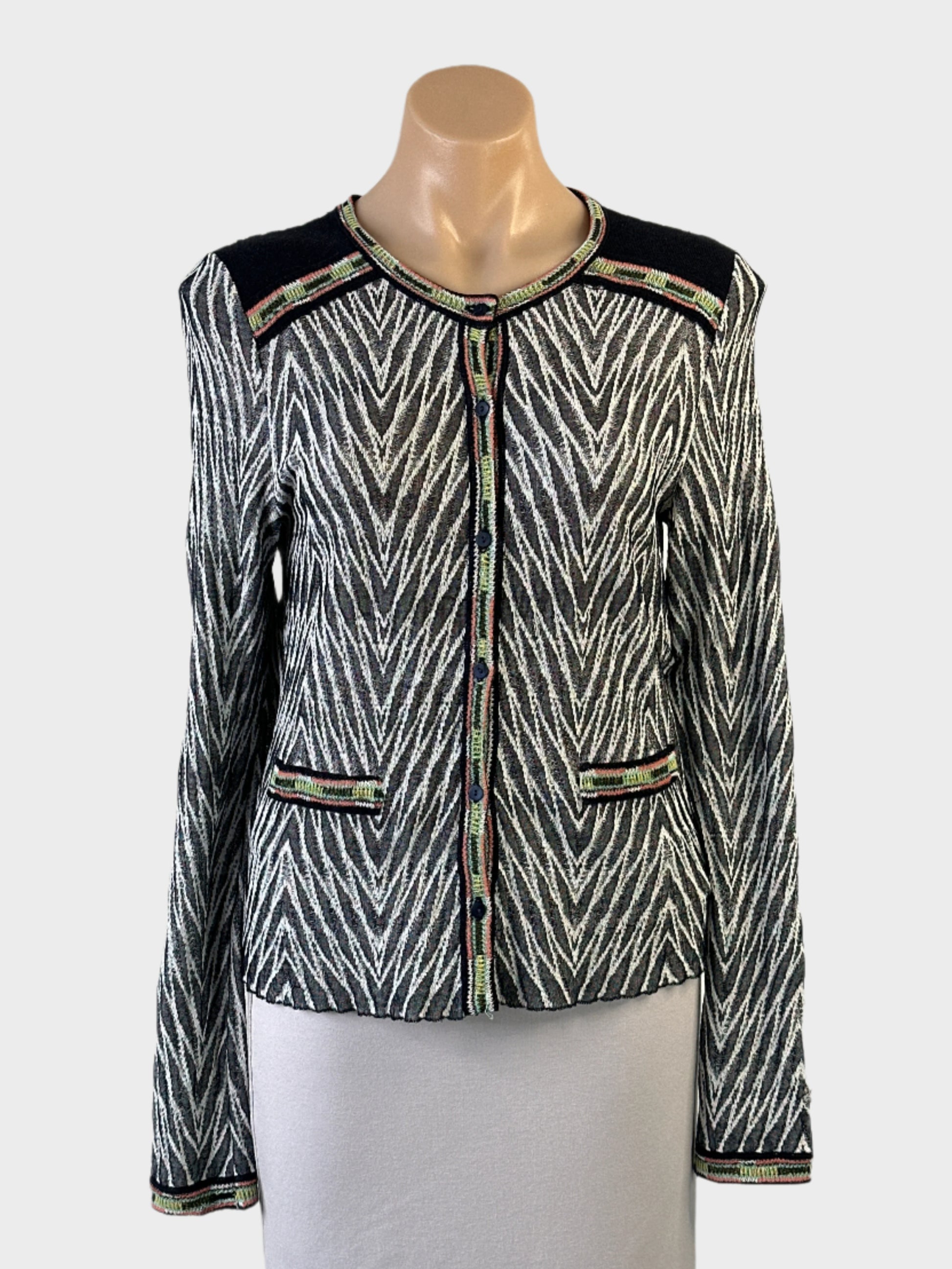 Designer Aldo Martins cardigan in black and white chevron knit with button-up front, striped trim and faux pockets for smart casual or office wear.