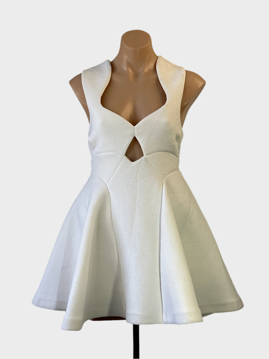 Designer Alice McCall A-line dress in white with sweetheart neck and skater skirt for formal or special events wear.