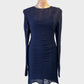 Designer Alice McCall sheath dress in navy sheer wave knit with long sleeves and round neck for formal or special events.
