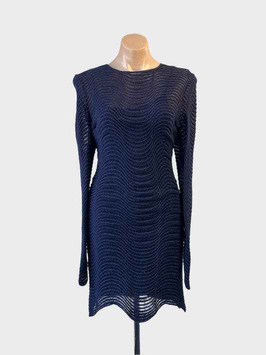 Designer Alice McCall sheath dress in navy sheer wave knit with long sleeves and round neck for formal or special events.