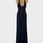 Designer Allure Modus Operandi slip dress in black chiffon with sheer inserts, plunge v-neck and sweep train for evening or formal wear.