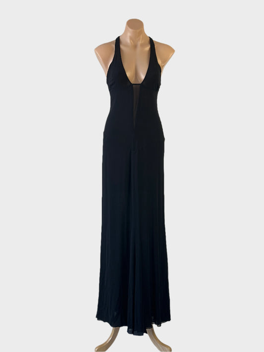 Designer Allure Modus Operandi slip dress in black chiffon with sheer inserts, plunge v-neck and sweep train for evening or formal wear.