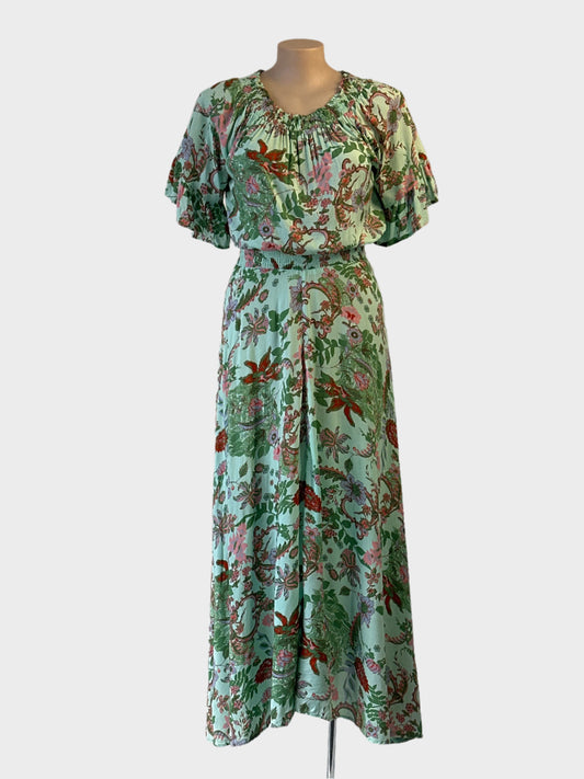 Aloha Lucy boho style blouson dress in green and pink floral print for smart casual or resort wear.