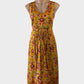 Designer Anna Thomas A-line dress in yellow bright floral print with u-shaped neck, pin tuck waist and pleated skirt for smart casual or office wear.