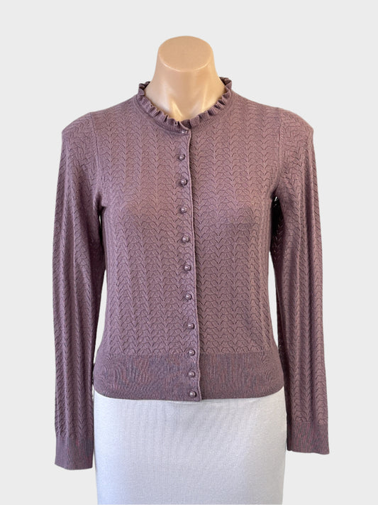 Designer Anna Thomas dusty mauve cardigan with chevron knit, frill neck and dome buttons for smart casual or business wear