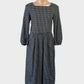 Anna Thomas black and white dot print cotton midi dress with square neck, long puff sleeves and gathered skirt for office or smart casual.
