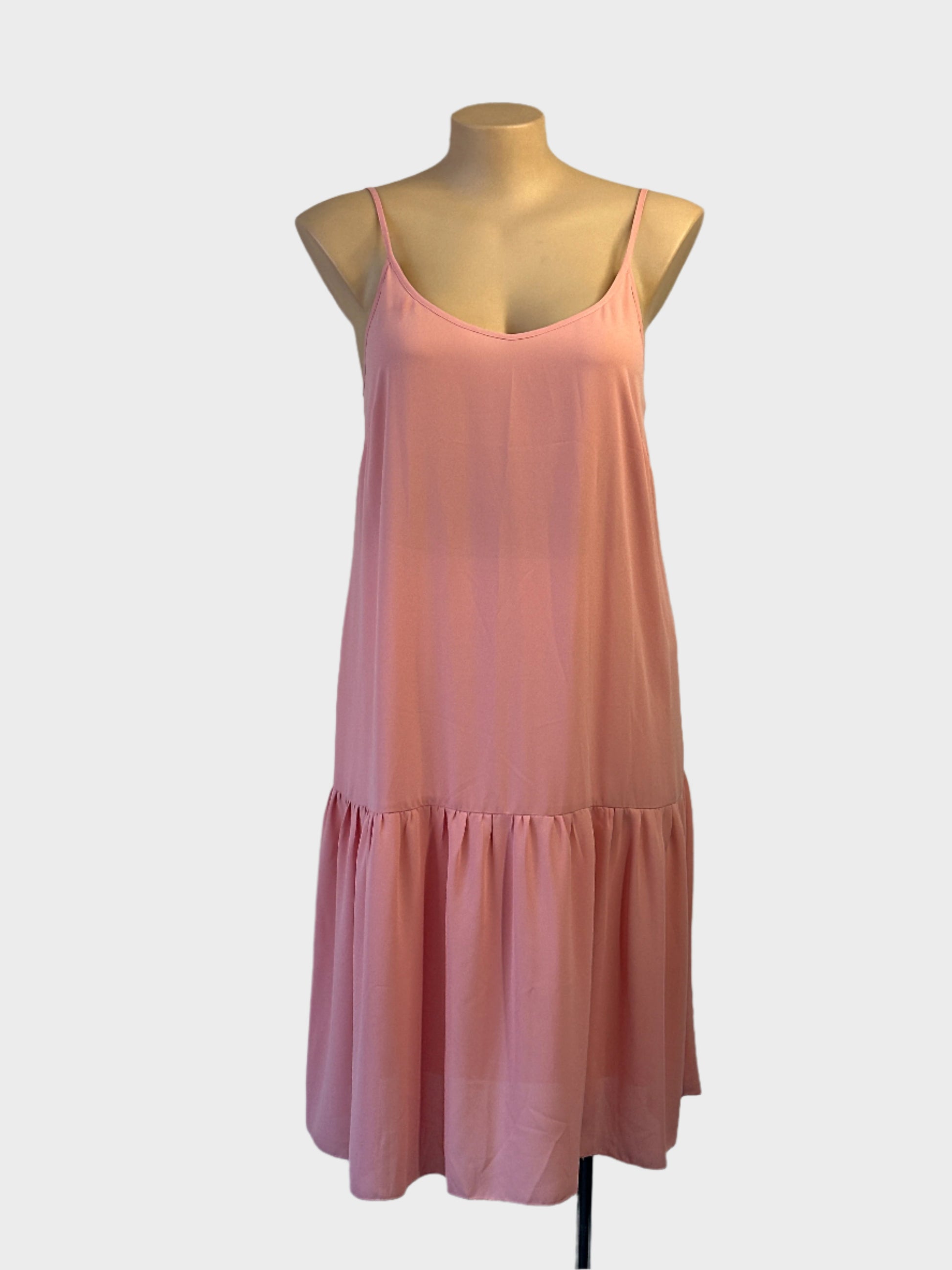 Anna Thomas sleeveless drop waist dress in pink crepe for office or smart casual wear.