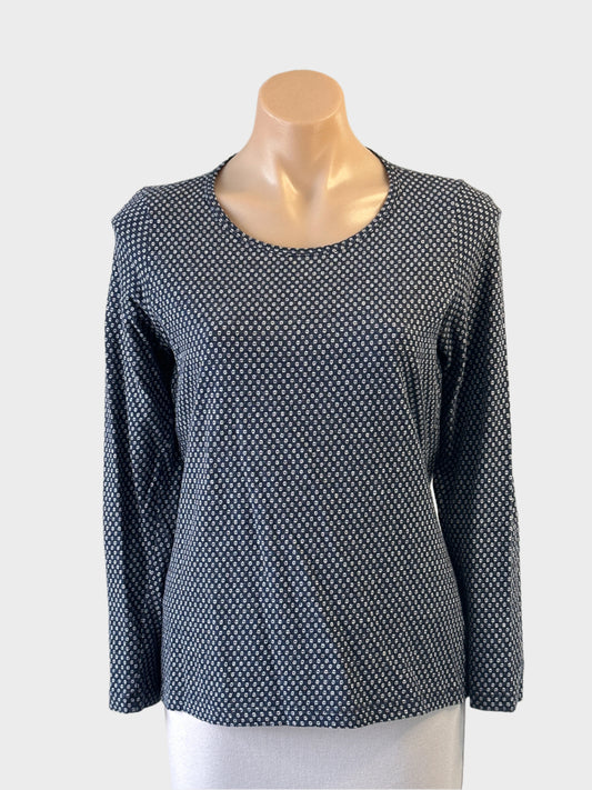 Designer Anna Thomas slate blue floral long sleeve top with round neck for smart casual wear.