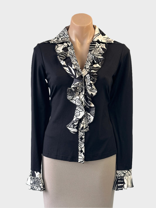 Designer Anne Fontaine shirt in black and white with floral ruffle front and Johnny collar for office or formal wear.