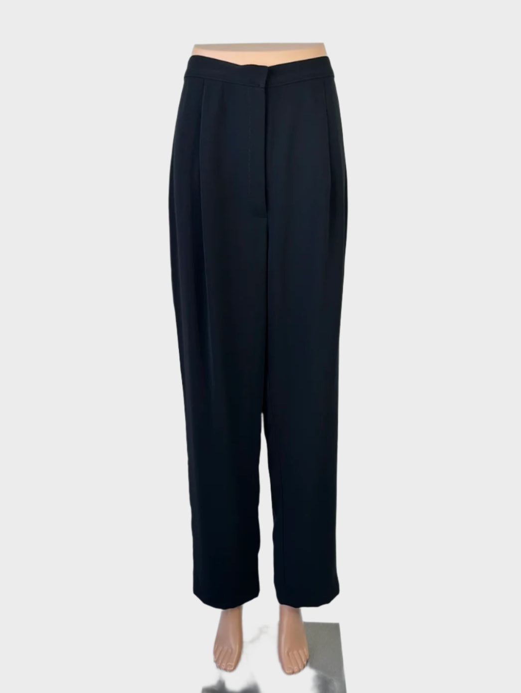 Designer Anthea Crawford black wide leg pants in crepe with high-rise waist and pleated front for office wear.