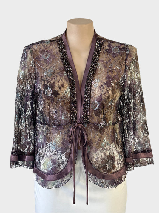 Designer Anthea Crawford cardigan jacket in purple and silver sheer lace with metallic finish, sequin beaded trim and tie closure for formal or evening wear.