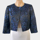 Designer Anthea Crawford cropped cardigan jacket in blue satin jacquard with single button closure and three quarter sleeves for evening or office wear.