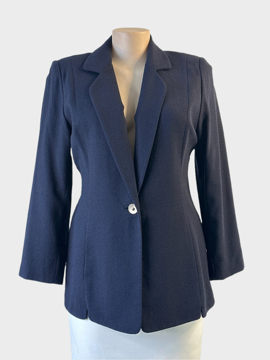 Anthea Crawford navy pure wool crepe jacket with notched lapels and one button closure for office wear.