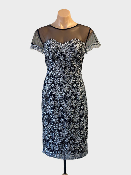 Designer Anthea Crawford sheath dress in silver and blue with floral embroidery for evening or special events wear.