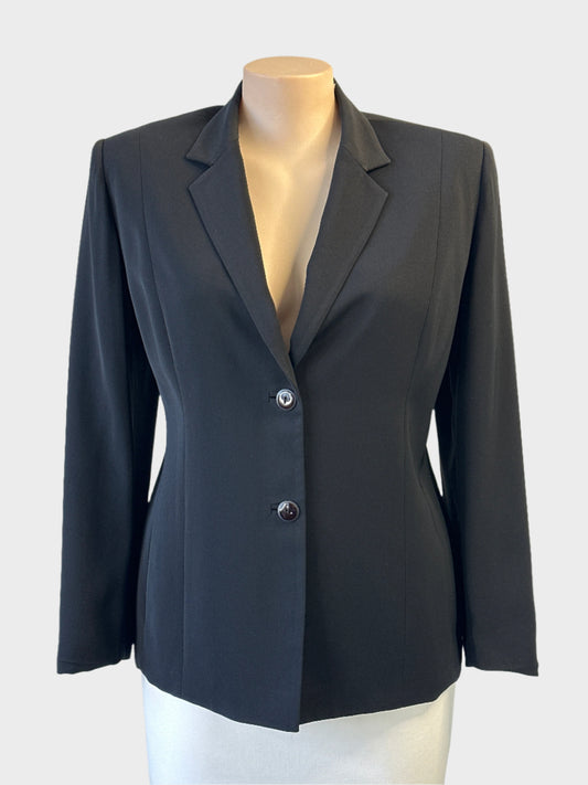 Designer Anthea Crawford single breasted jacket in black with two button closure for office wear.