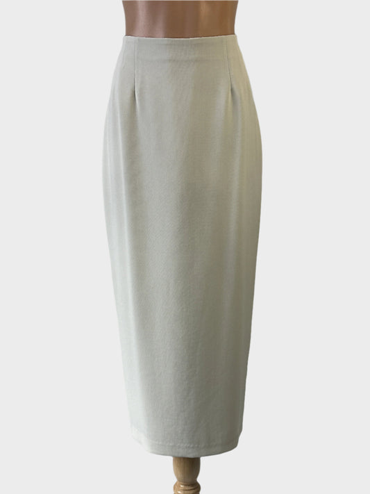 Designer Anthea Crawford straight skirt in white herringbone weave with front tucks, contoured waist and back slit for business or special events.